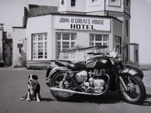 Phil Sampford's MK1 fitted with a Watsonian Palma Sidecar outside John O'Groats in 1984. The bike has travelled to every county in Britain!